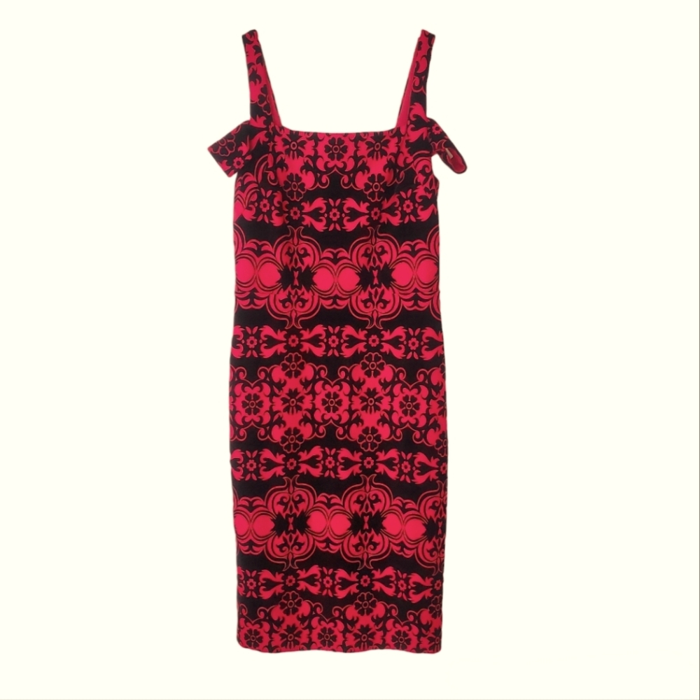 New York & Co. Stretch Black Velvet On Red Party Dress Cold Shoulder Size M